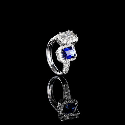 Natural Heated Royal Blue Sapphire “Toi Et Moi” Diamond Ring in 18K White Gold