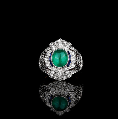 Natural Cabochon Emerald Cat's-eye & Blue Sapphire Diamond Ring in 18K White and Yellow Gold