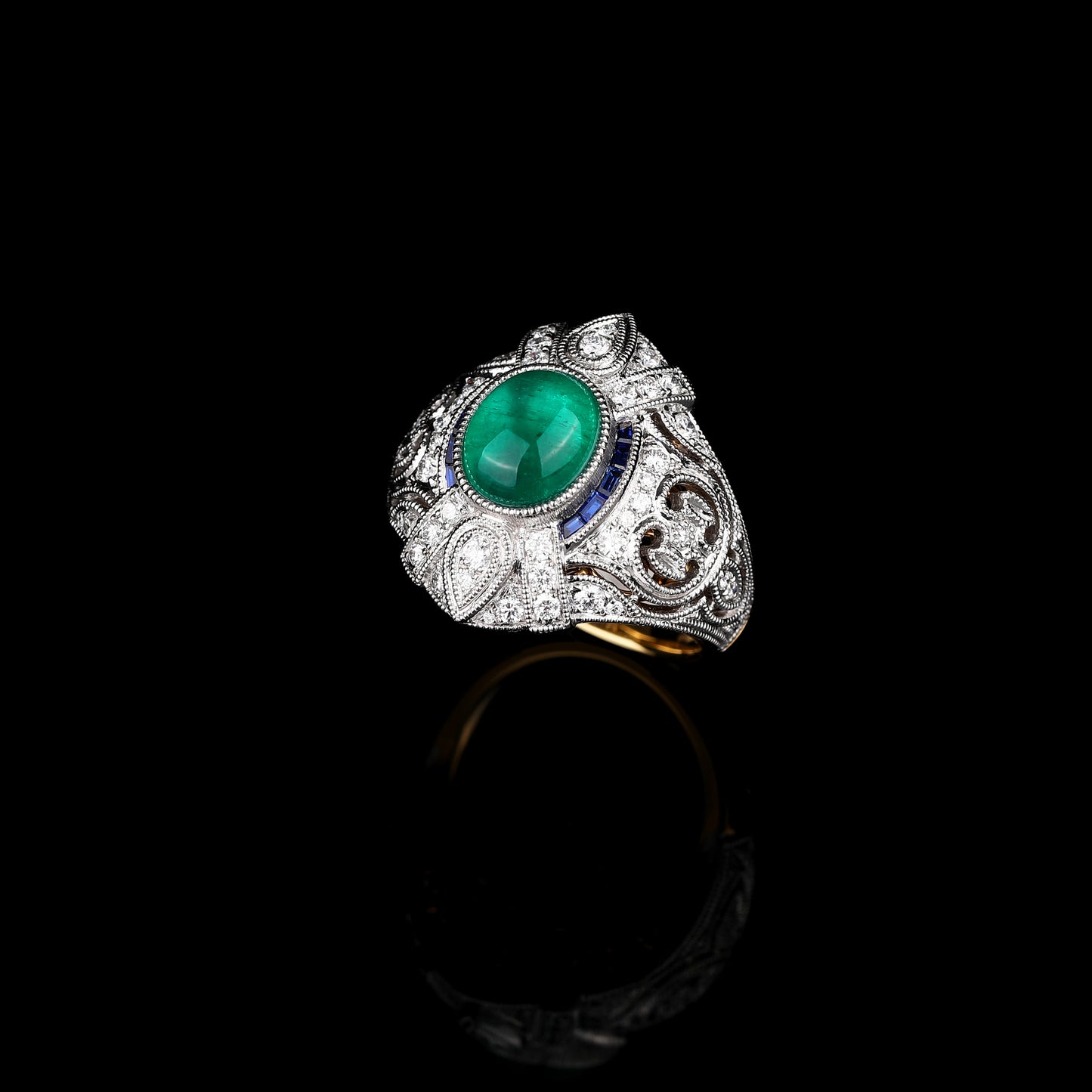 Natural Cabochon Emerald Cat's-eye & Blue Sapphire Diamond Ring in 18K White and Yellow Gold