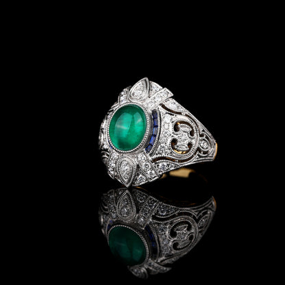 Natural Cabochon Emerald Cat's-eye & Blue Sapphire Diamond Ring in 18K White and Yellow Gold