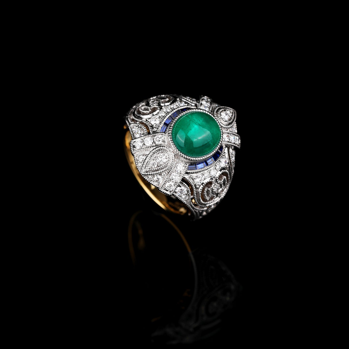 Natural Cabochon Emerald Cat's-eye & Blue Sapphire Diamond Ring in 18K White and Yellow Gold