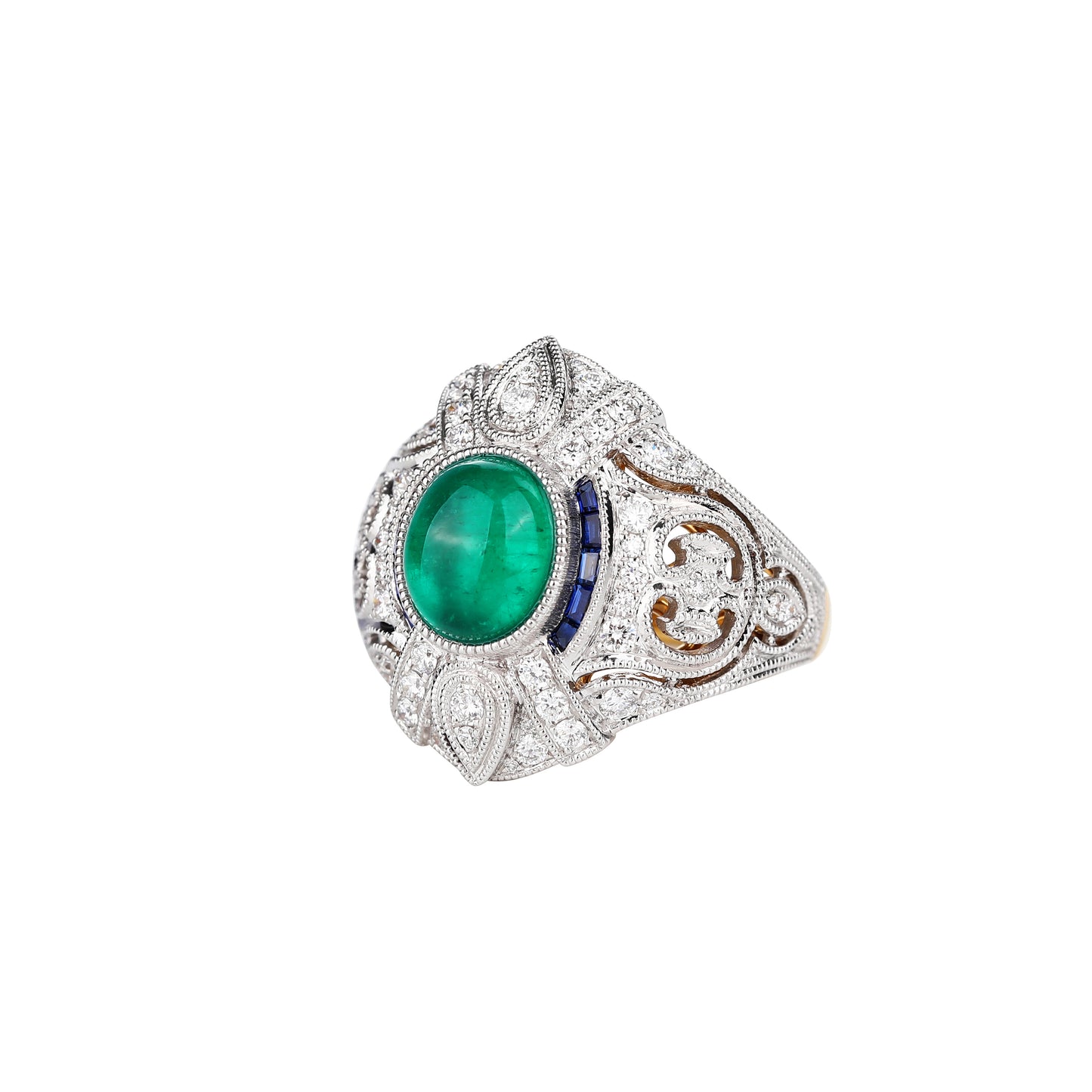 Natural Cabochon Emerald Cat's-eye & Blue Sapphire Diamond Ring in 18K White and Yellow Gold