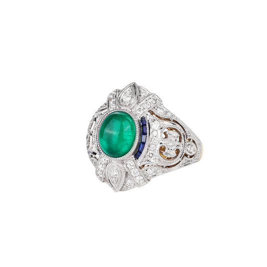 Natural Cabochon Emerald Cat's-eye & Blue Sapphire Diamond Ring in 18K White and Yellow Gold