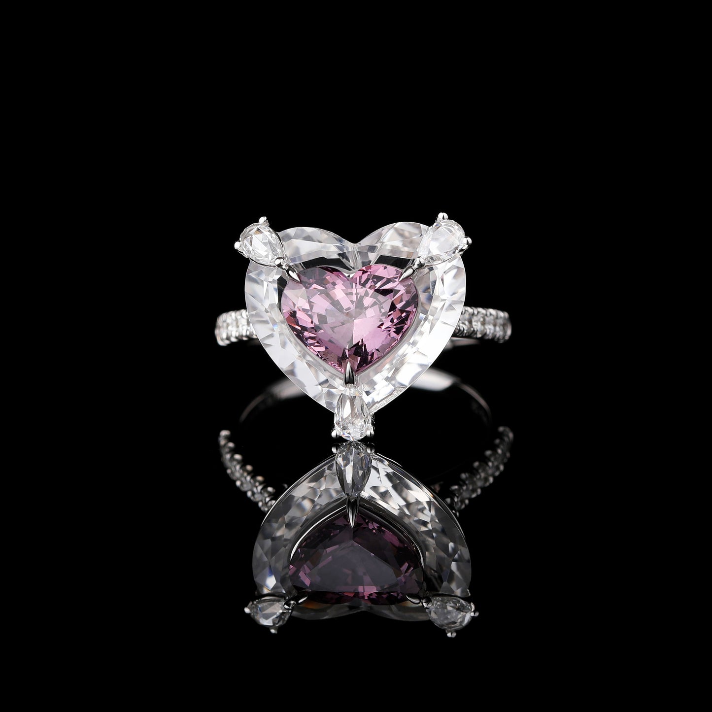 Heart-cut Purplish Pink Spinel and White Crystal Diamond Ring in 18K White Gold