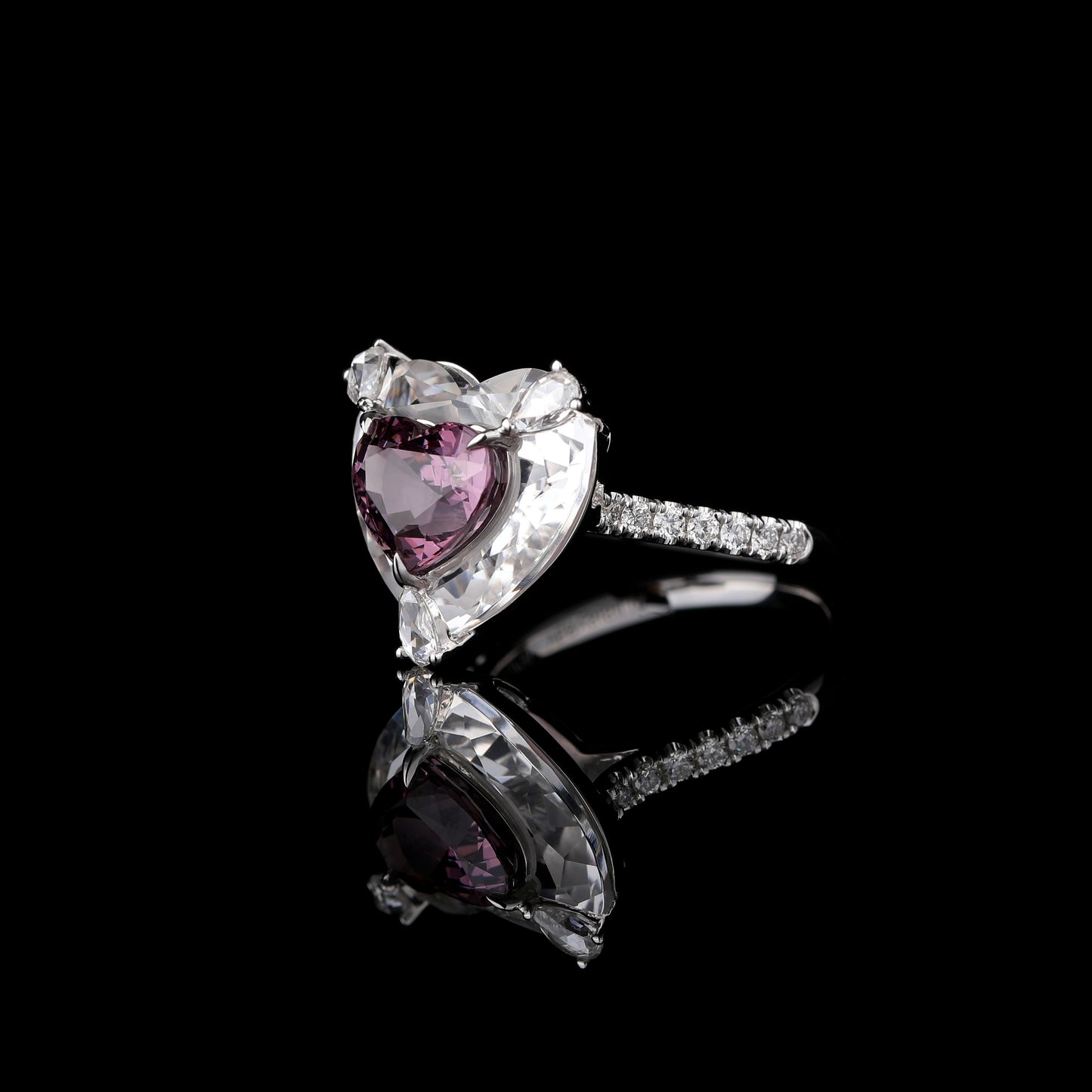 Heart-cut Purplish Pink Spinel and White Crystal Diamond Ring in 18K White Gold