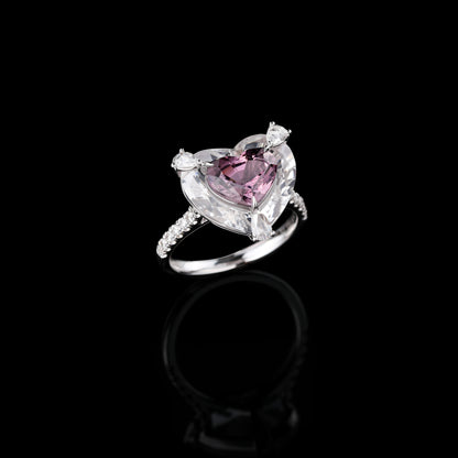 Heart-cut Purplish Pink Spinel and White Crystal Diamond Ring in 18K White Gold