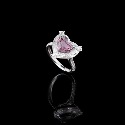 Heart-cut Purplish Pink Spinel and White Crystal Diamond Ring in 18K White Gold