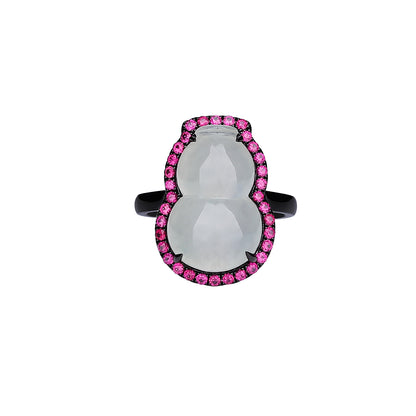 Natural Semitransparent Ice 'Hulu' Jadeite Jade Ruby Ring in 18K Black Gold