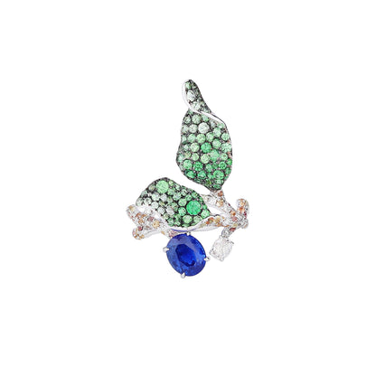 Sapphire and Tsavorite Foliage Ring in 18K White Gold