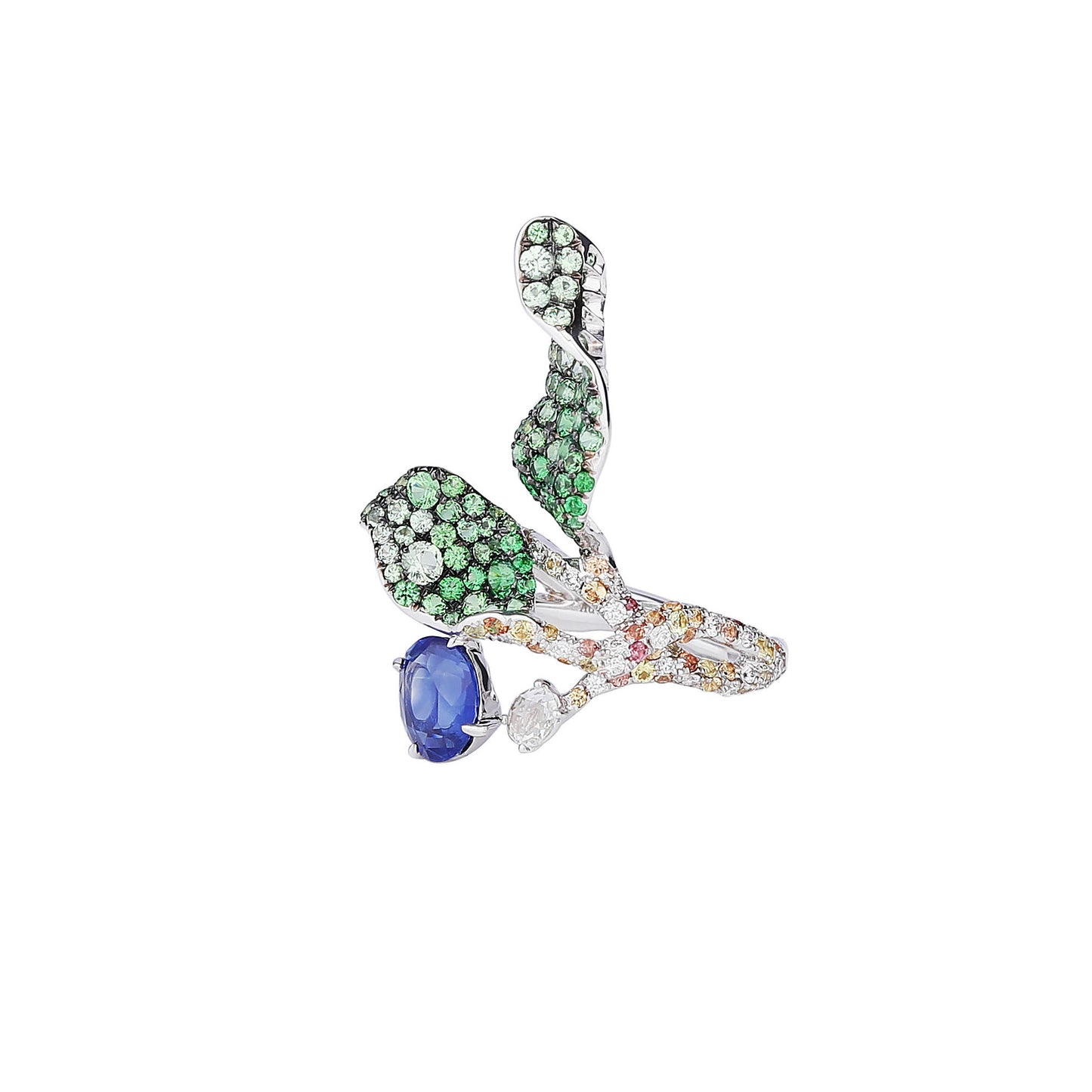 Sapphire and Tsavorite Foliage Ring in 18K White Gold