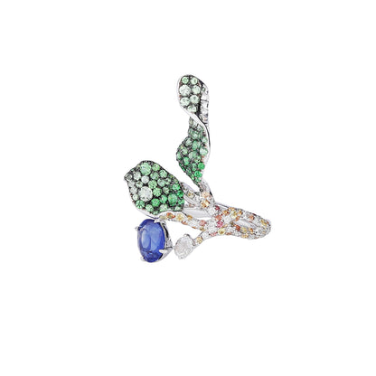 Sapphire and Tsavorite Foliage Ring in 18K White Gold