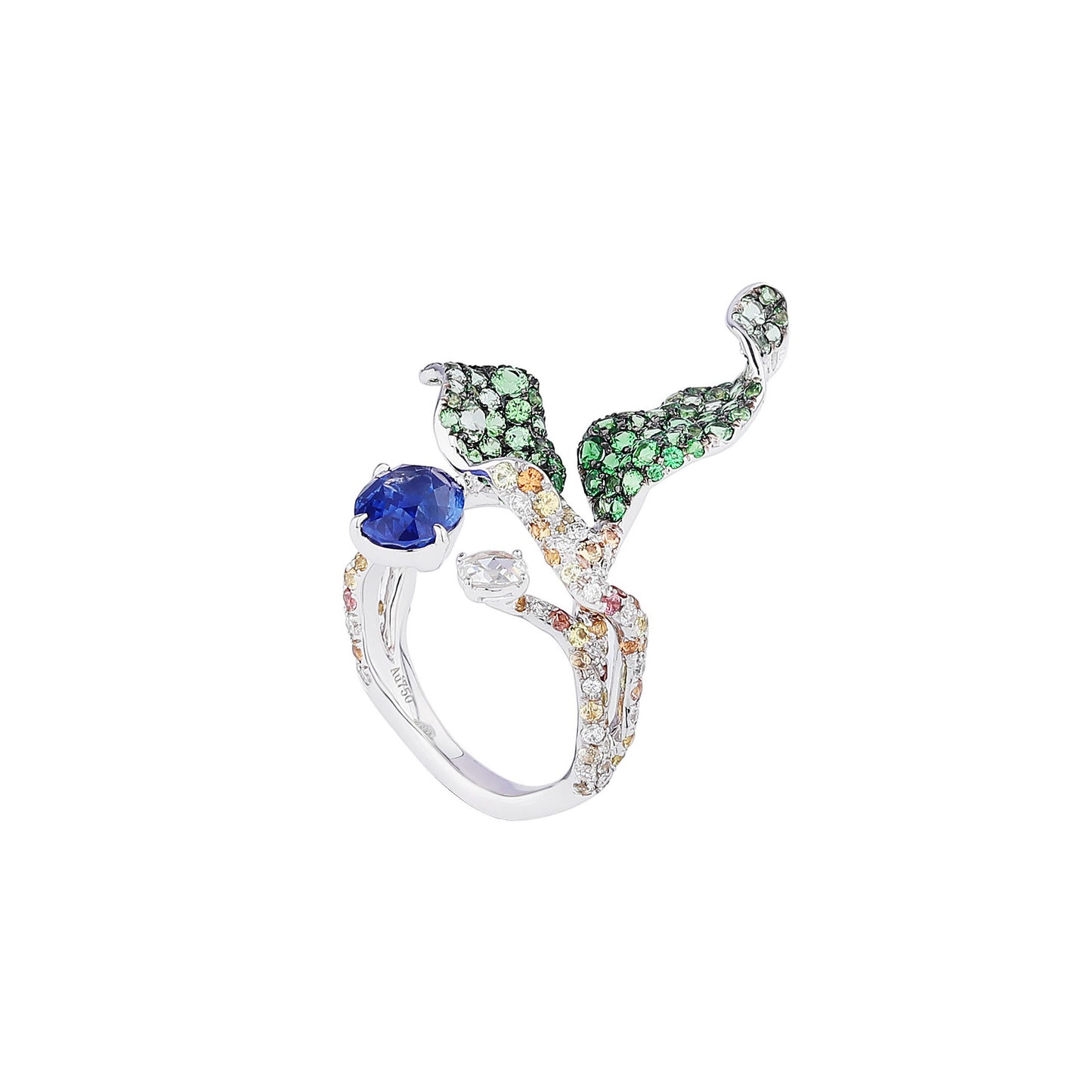 Sapphire and Tsavorite Foliage Ring in 18K White Gold