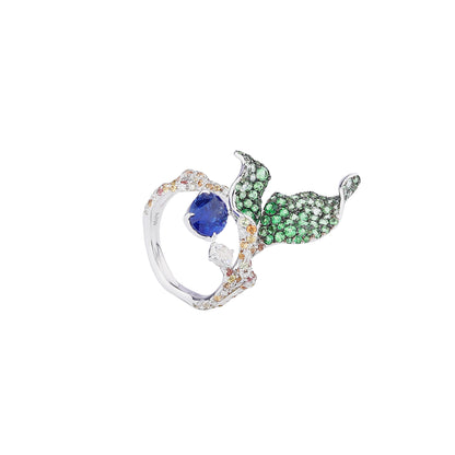 Sapphire and Tsavorite Foliage Ring in 18K White Gold