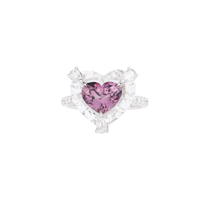 Heart-cut Purplish Pink Spinel and White Crystal Diamond Ring in 18K White Gold