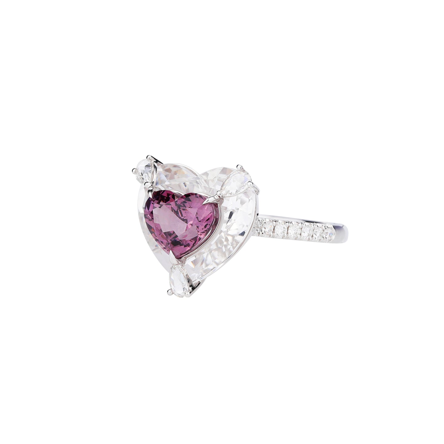 Heart-cut Purplish Pink Spinel and White Crystal Diamond Ring in 18K White Gold