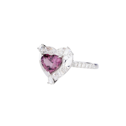 Heart-cut Purplish Pink Spinel and White Crystal Diamond Ring in 18K White Gold