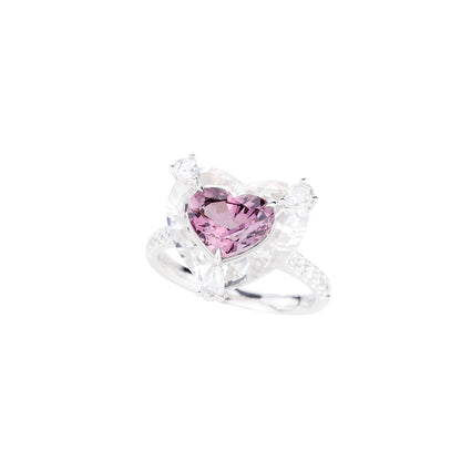 Heart-cut Purplish Pink Spinel and White Crystal Diamond Ring in 18K White Gold