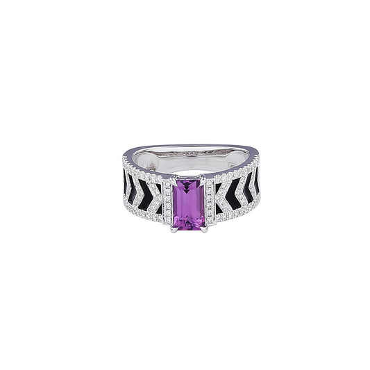 Natural Pink Sapphire and Black Enamel Diamond Ring in 18K White Gold