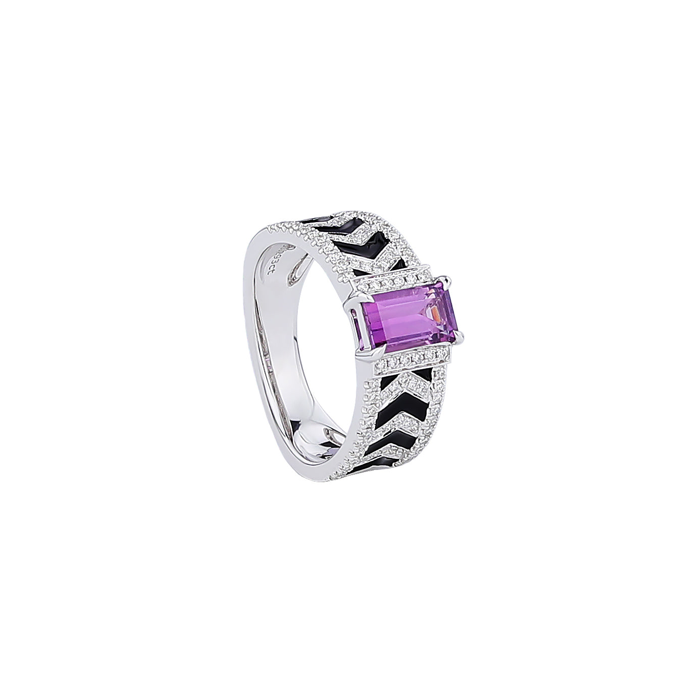 Natural Pink Sapphire and Black Enamel Diamond Ring in 18K White Gold