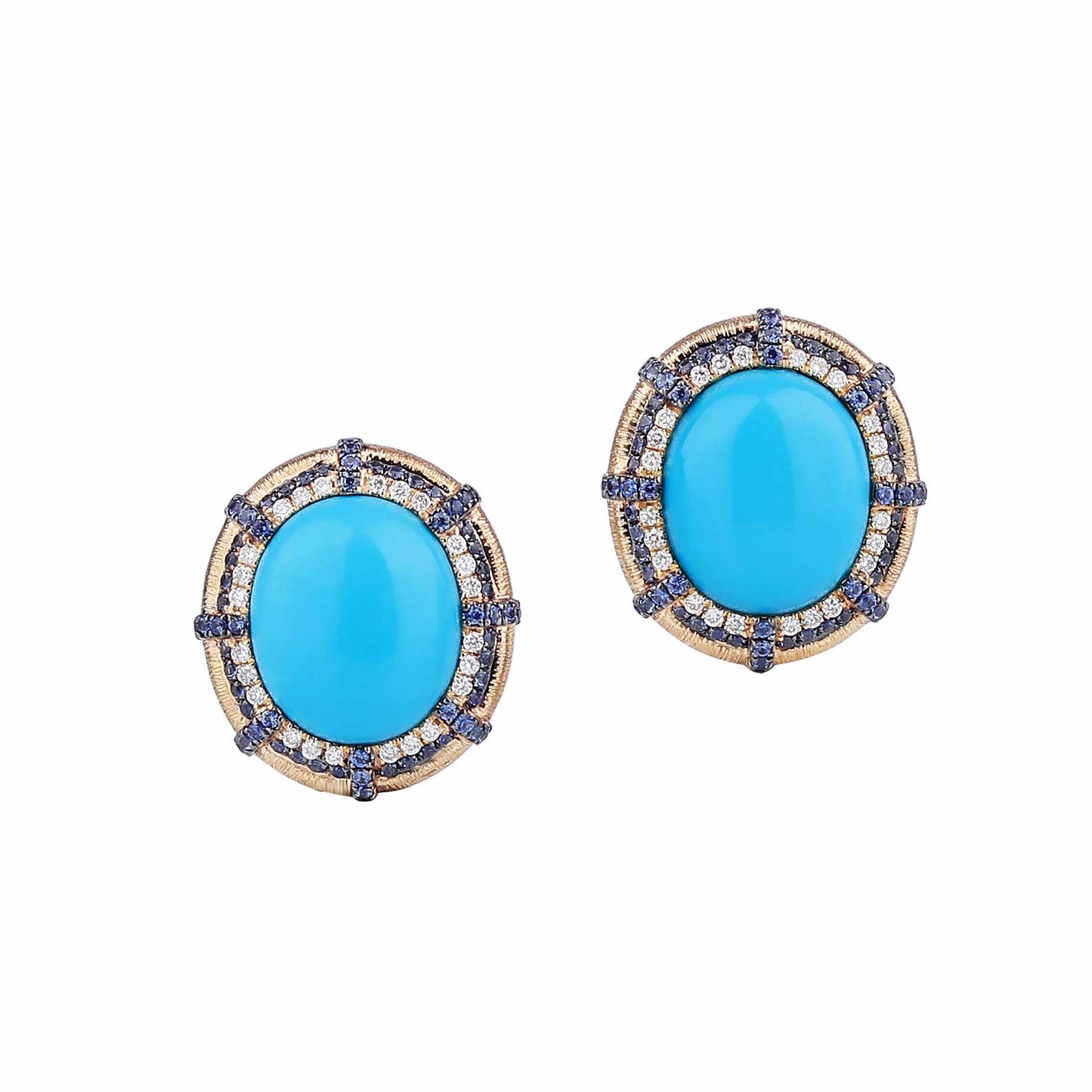 Natural Sleeping Beauty Turquoise & Blue Sapphire Diamond Earrings in 18K Yellow Gold