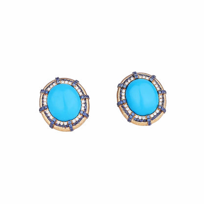 Natural Sleeping Beauty Turquoise & Blue Sapphire Diamond Earrings in 18K Yellow Gold