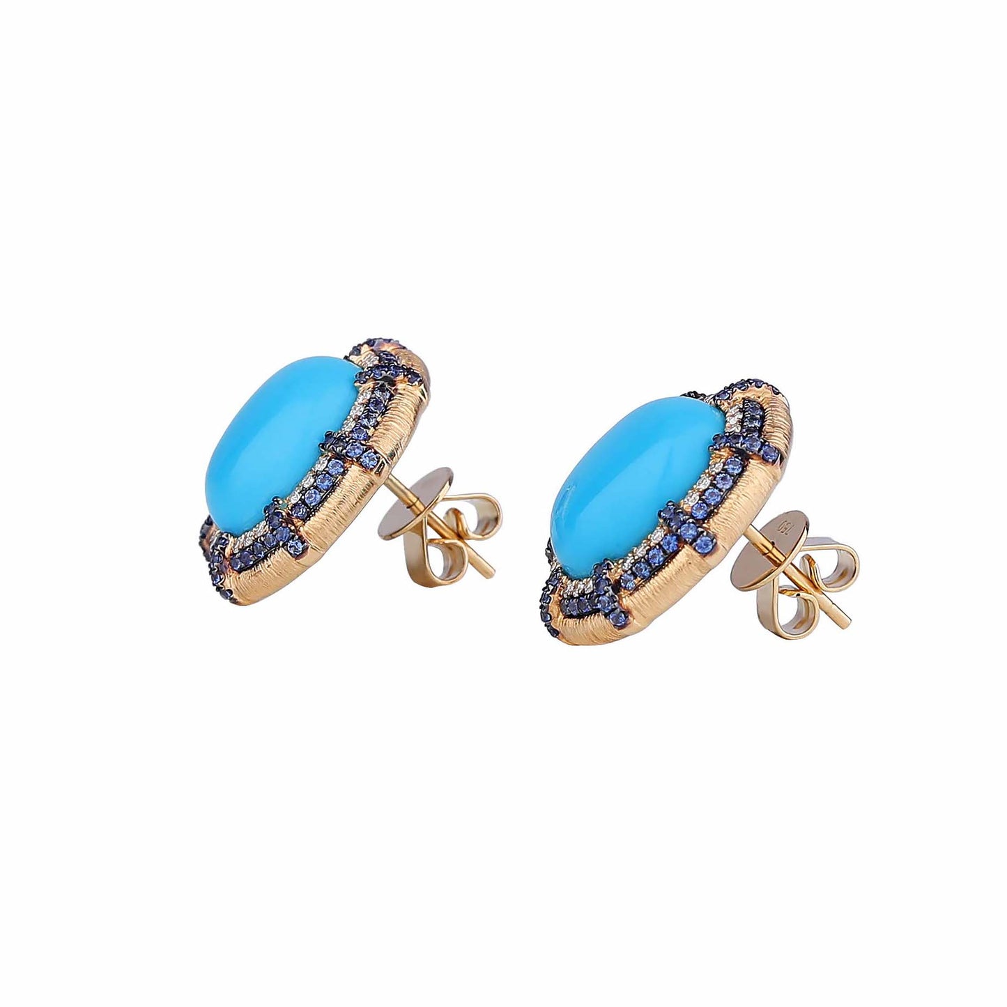 Natural Sleeping Beauty Turquoise & Blue Sapphire Diamond Earrings in 18K Yellow Gold