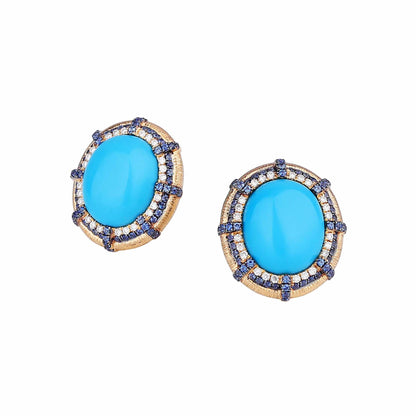 Natural Sleeping Beauty Turquoise & Blue Sapphire Diamond Earrings in 18K Yellow Gold