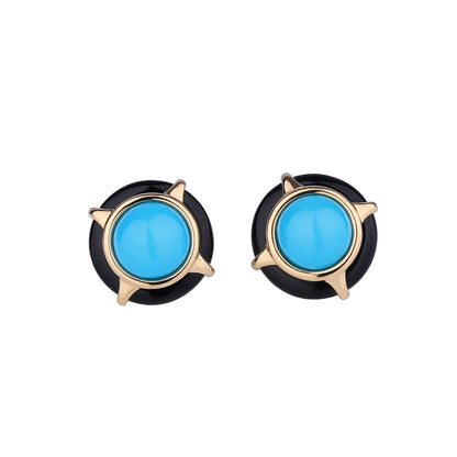 Natural Sleeping Beauty Turquoise Black Agate Earrings in 18K Yellow Gold