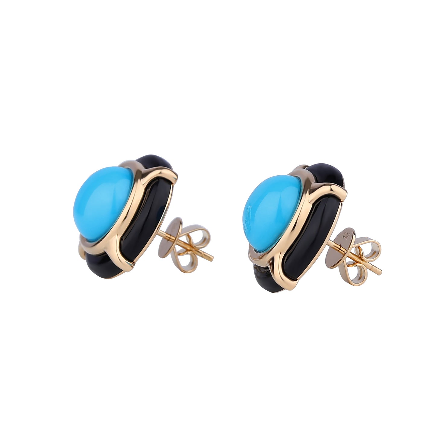 Natural Sleeping Beauty Turquoise Black Agate Earrings in 18K Yellow Gold