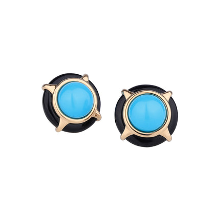 Natural Sleeping Beauty Turquoise Black Agate Earrings in 18K Yellow Gold