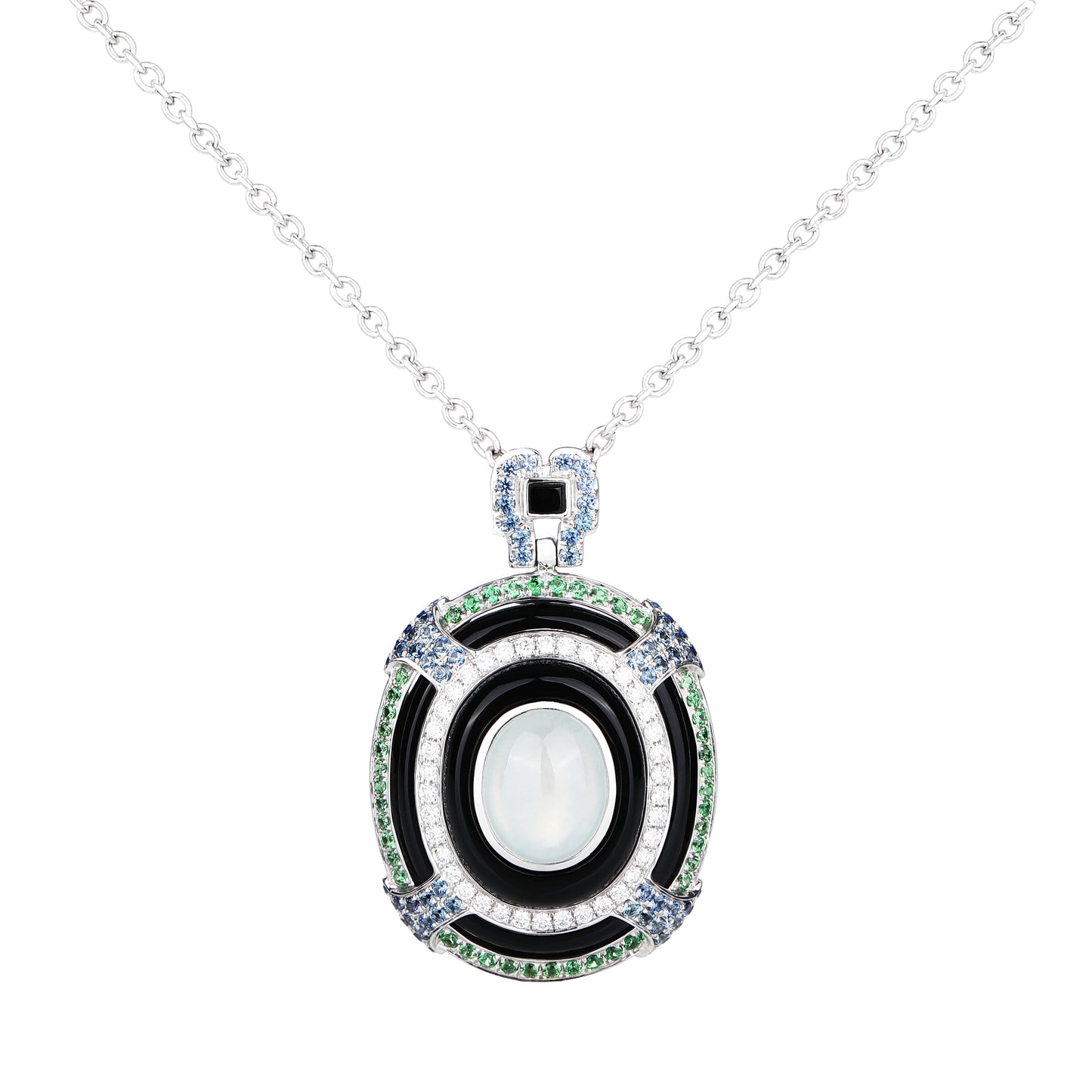 Natural Semitransparent Ice Jadeite Jade Black Agate Diamond Necklace in 18K White Gold