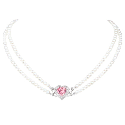 Heart-cut Sakura Pink Tourmaline and Baby Fresh Water Pearls Diamond Necklace in 18K White Gold