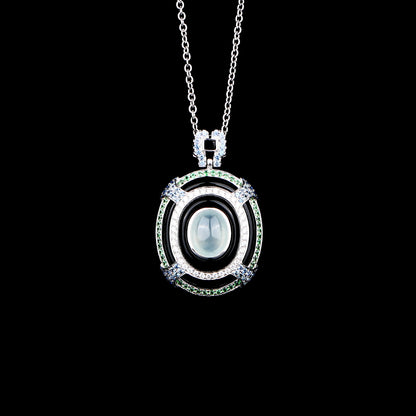 Natural Semitransparent Ice Jadeite Jade Black Agate Diamond Necklace in 18K White Gold