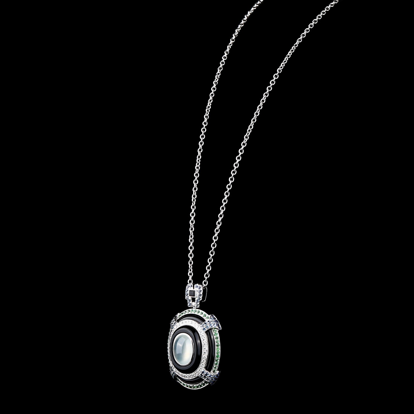 Natural Semitransparent Ice Jadeite Jade Black Agate Diamond Necklace in 18K White Gold