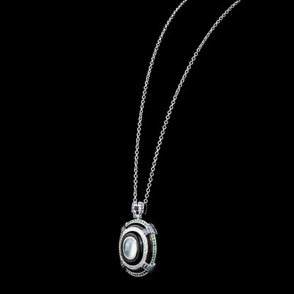 Natural Semitransparent Ice Jadeite Jade Black Agate Diamond Necklace in 18K White Gold