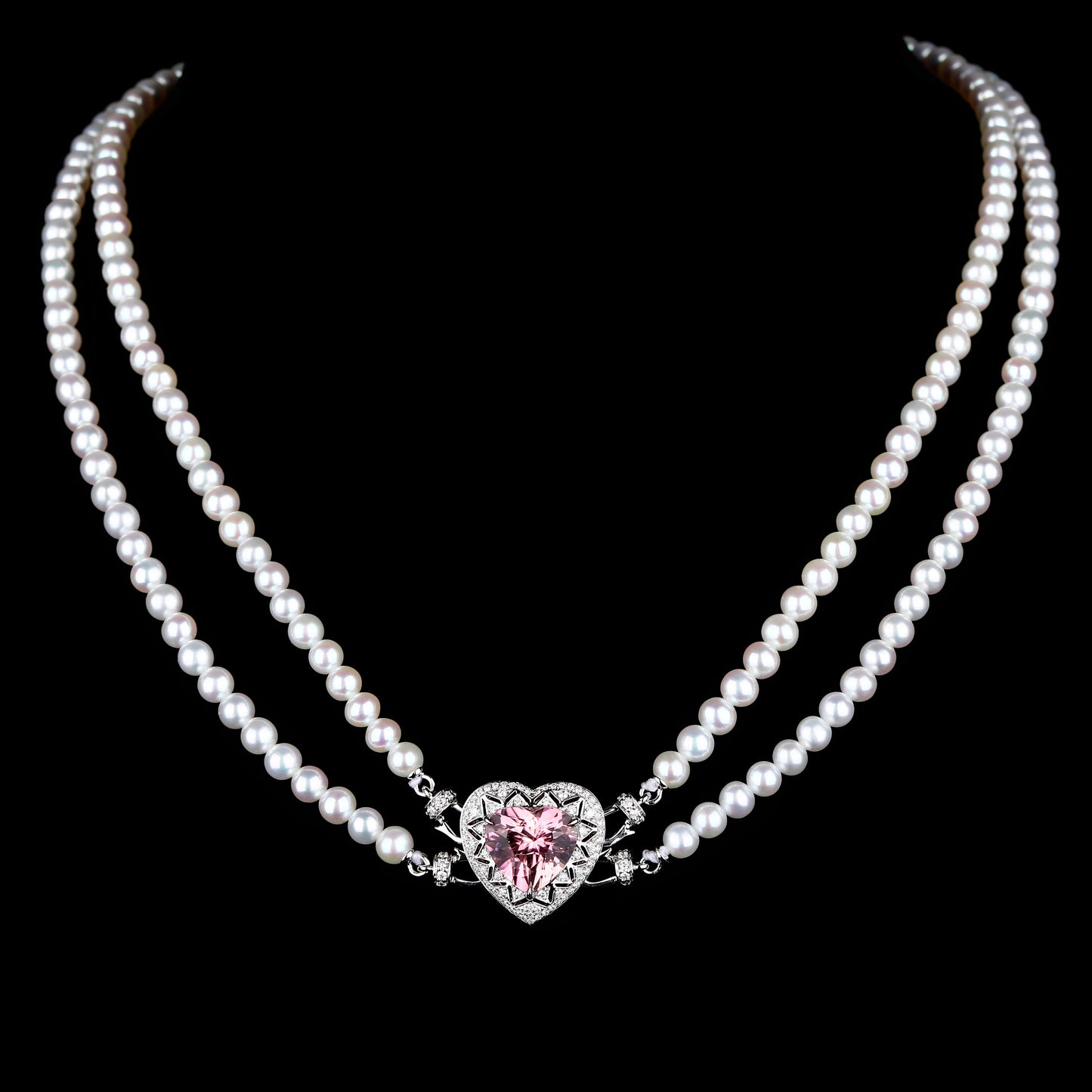 Heart-cut Sakura Pink Tourmaline and Baby Fresh Water Pearls Diamond Necklace in 18K White Gold