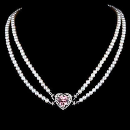 Heart-cut Sakura Pink Tourmaline and Baby Fresh Water Pearls Diamond Necklace in 18K White Gold