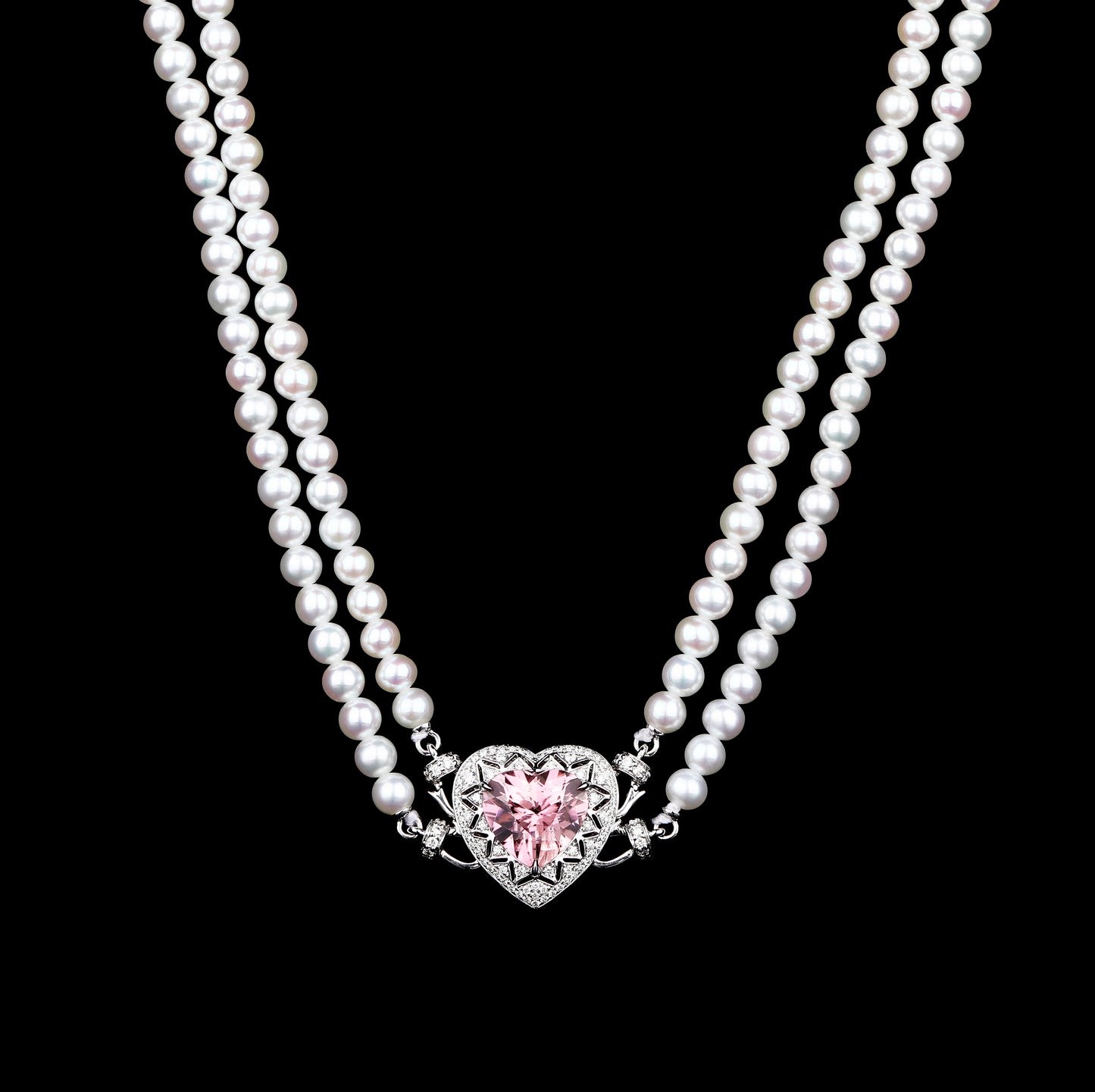 Heart-cut Sakura Pink Tourmaline and Baby Fresh Water Pearls Diamond Necklace in 18K White Gold