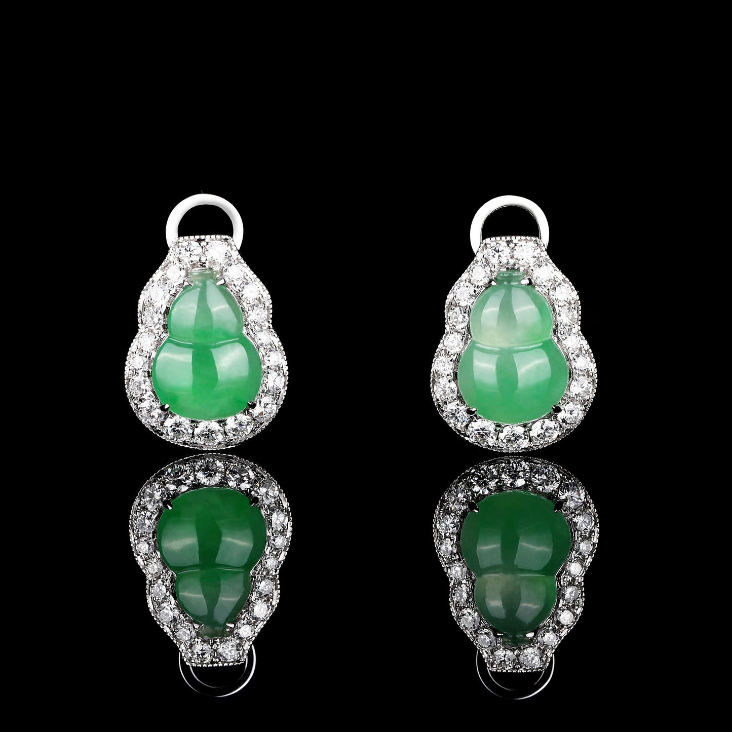 Natural Mottled Green 'Hulu' Jadeite Jade Diamond Earrings in 18K White Gold