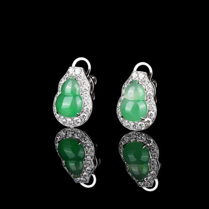 Natural Mottled Green 'Hulu' Jadeite Jade Diamond Earrings in 18K White Gold