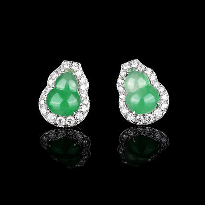 Natural Mottled Green 'Hulu' Jadeite Jade Diamond Earrings in 18K White Gold