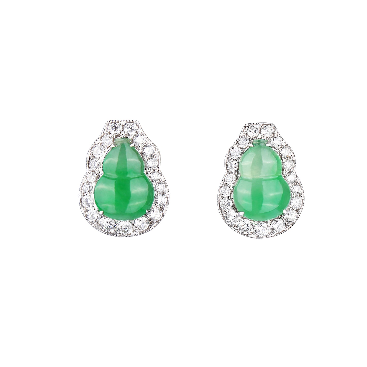 Natural Mottled Green 'Hulu' Jadeite Jade Diamond Earrings in 18K White Gold