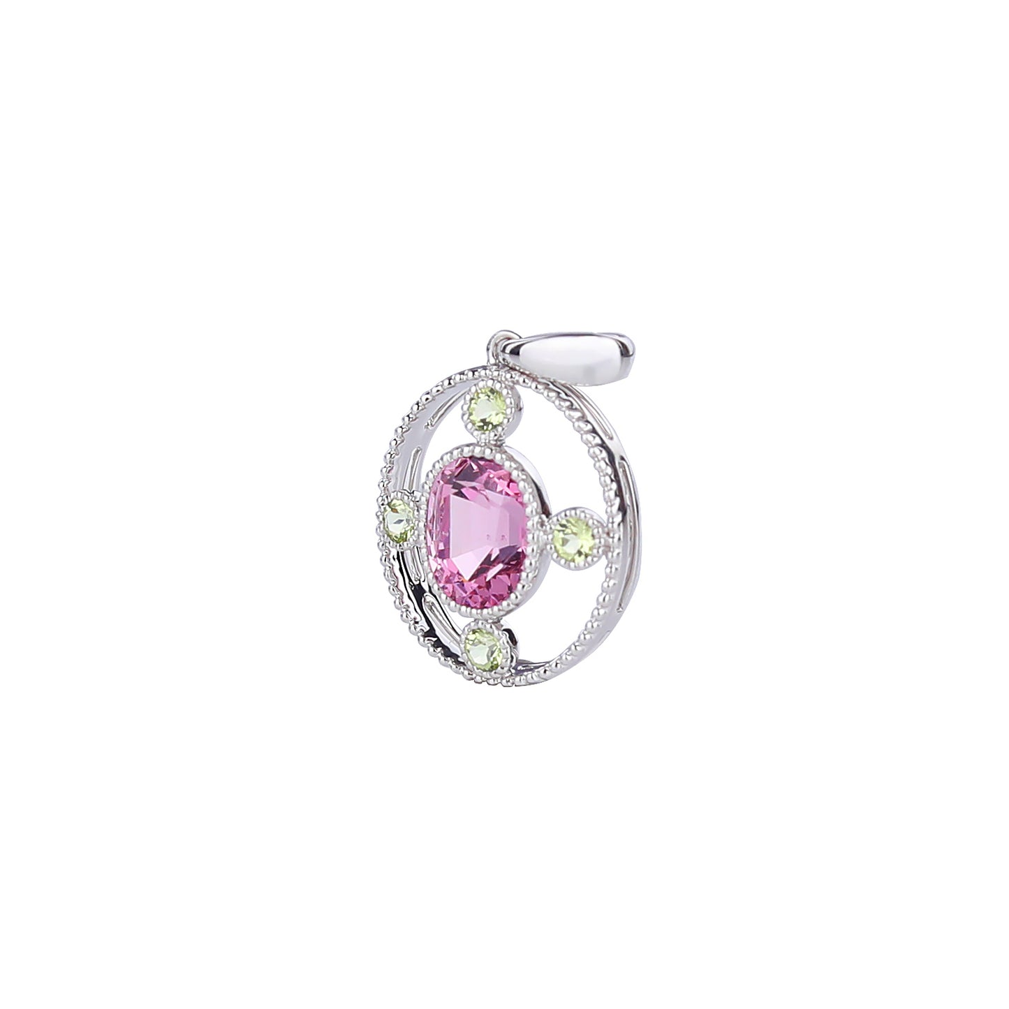 Natural Sakura Pink Spinel and Peridot Pendant in 18K White Gold