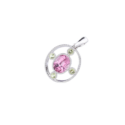 Natural Sakura Pink Spinel and Peridot Pendant in 18K White Gold