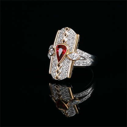 Men's Pear Pigeon Blood Natural Ruby Diamond Shield Ring in 18K White & Yellow Gold