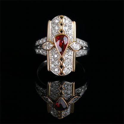 Men's Pear Pigeon Blood Natural Ruby Diamond Shield Ring in 18K White & Yellow Gold