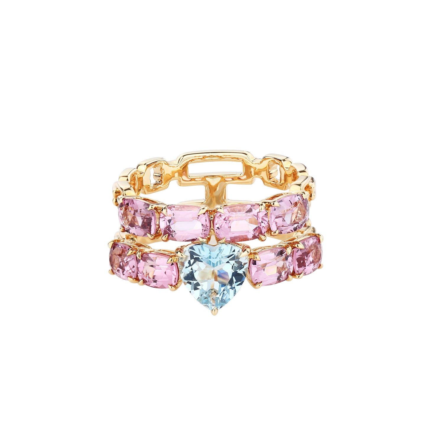 Heart-cut Aquamarine Pink Spinel Ring in 18K Yellow Gold