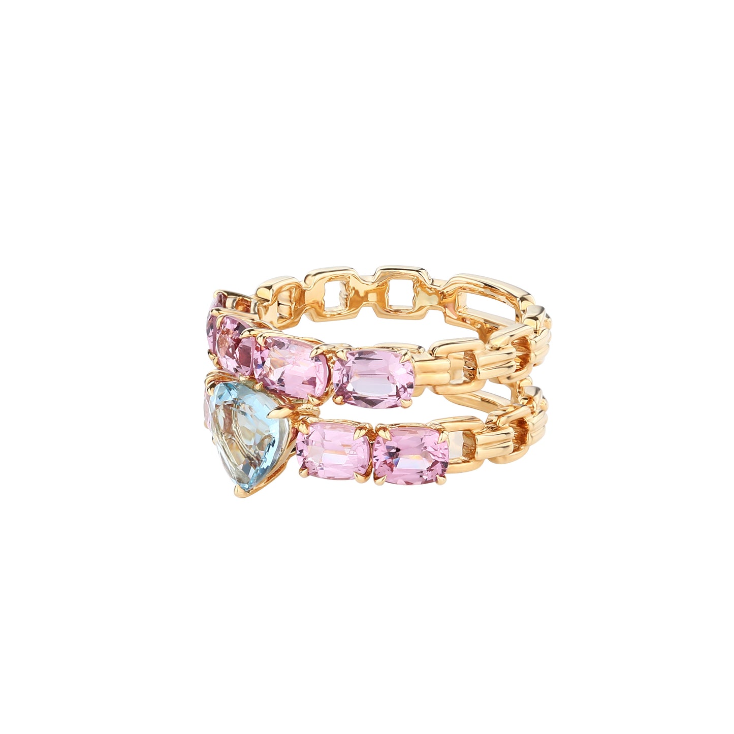 Heart-cut Aquamarine Pink Spinel Ring in 18K Yellow Gold