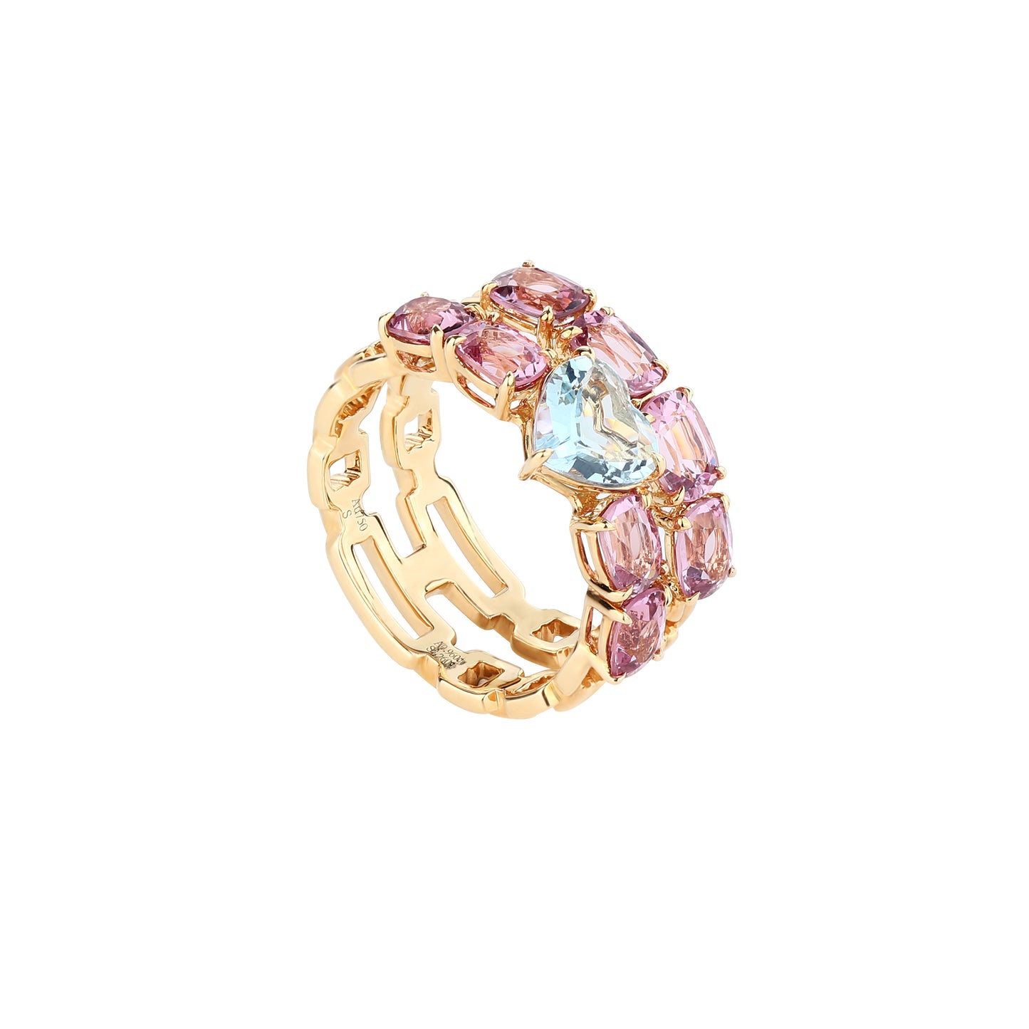 Heart-cut Aquamarine Pink Spinel Ring in 18K Yellow Gold