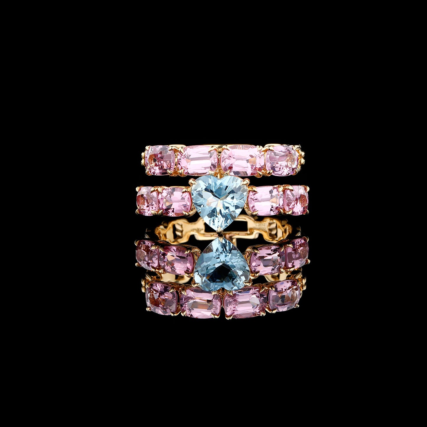 Heart-cut Aquamarine Pink Spinel Ring in 18K Yellow Gold